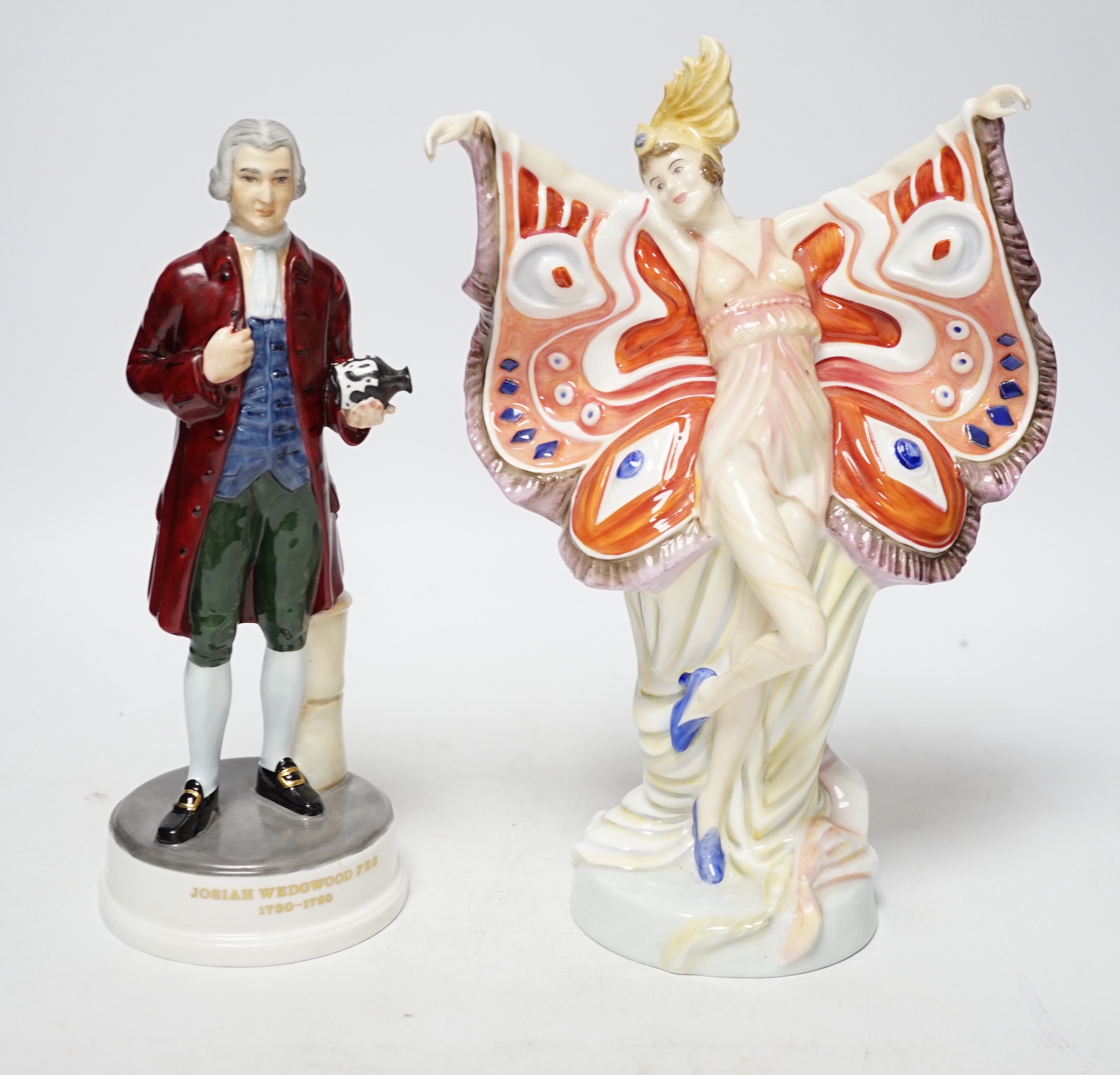 A Royal Doulton ‘Prestige Butterfly Ladies’ figure ‘The Peacock’ HN 4846 together with a Wedgwood figure of Josiah Wedgwood FRS, tallest 25cm